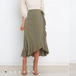 Petal & Pup Olive Green Tiffy High Waist Ruffle True Wrap Midi Skirt 4US